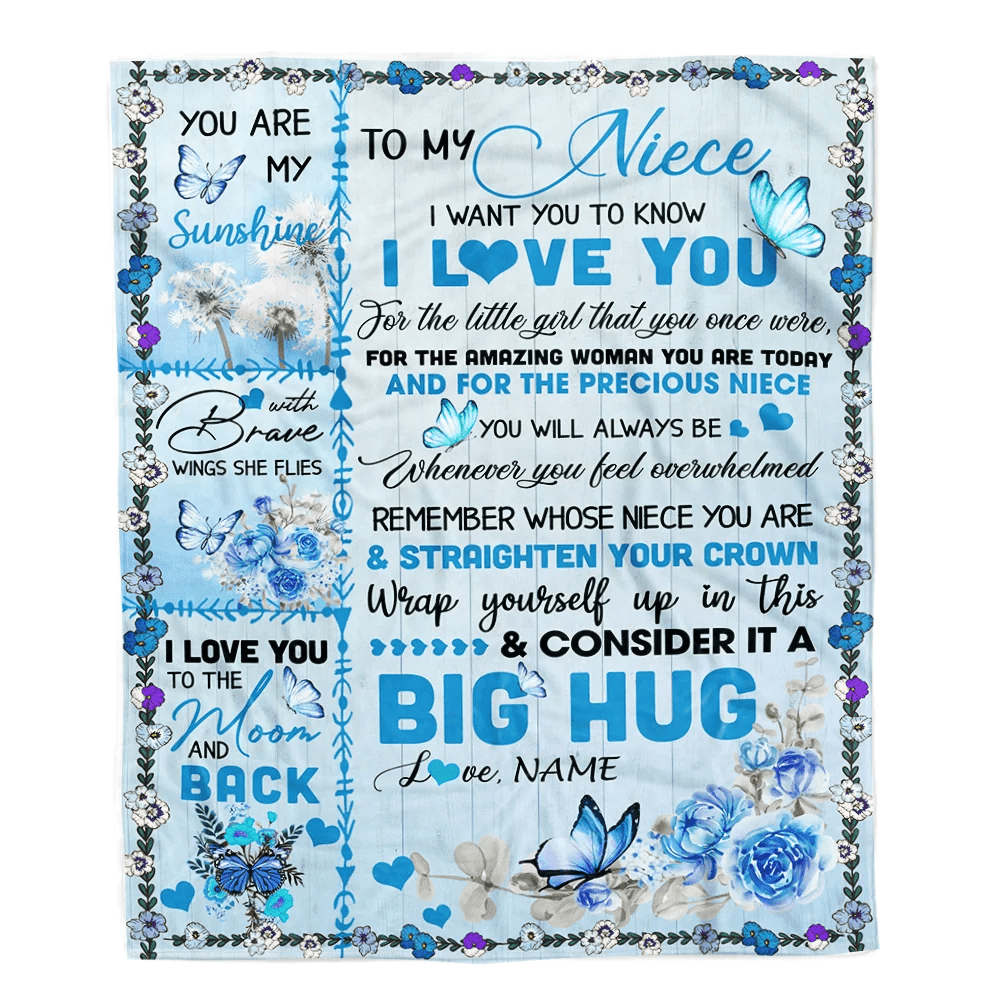 Personalized to My Niece Blanket from Aunt Auntie Uncle Give You A Big Love Hug Butterfly Birthday Thanksgiving Christmas Customized Fleece Blanket