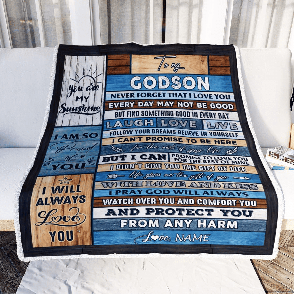 Personalized To My Godson Blanket From Godmother Wood You Are My Sunshine I Love You Godson Birthday Graduation Christmas Customized Bed Fleece Throw Blanket