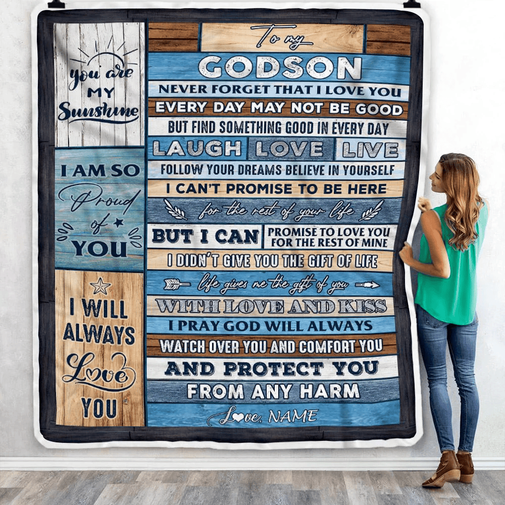 Personalized To My Godson Blanket From Godmother Wood You Are My Sunshine I Love You Godson Birthday Graduation Christmas Customized Bed Fleece Throw Blanket