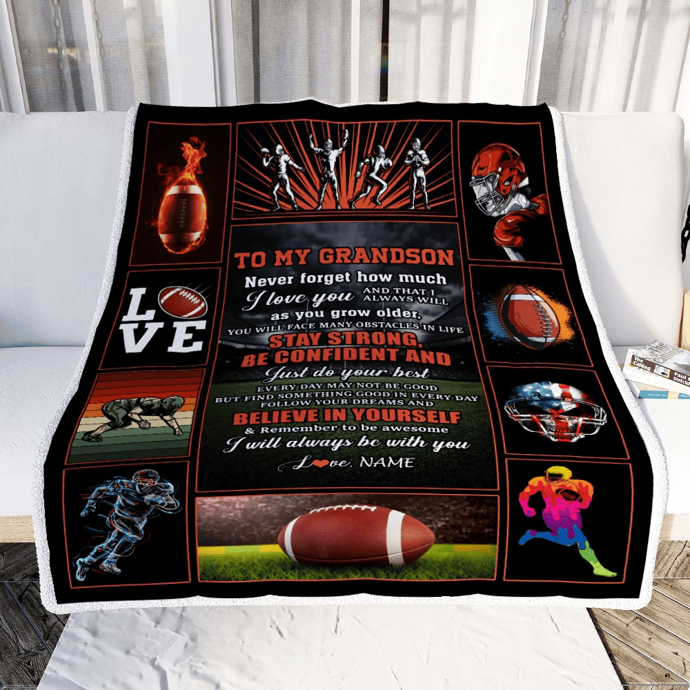 Personalized Football To My Grandson Blanket From Grandma Believe In Yourself Grandson Birthday Graduation Christmas Customized Fleece Throw Blanket