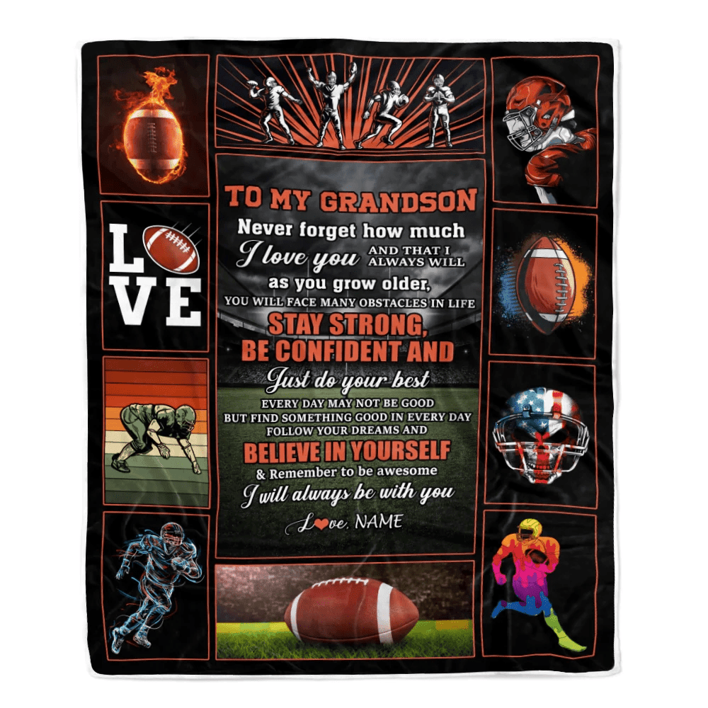 Personalized Football To My Grandson Blanket From Grandma Believe In Yourself Grandson Birthday Graduation Christmas Customized Fleece Throw Blanket
