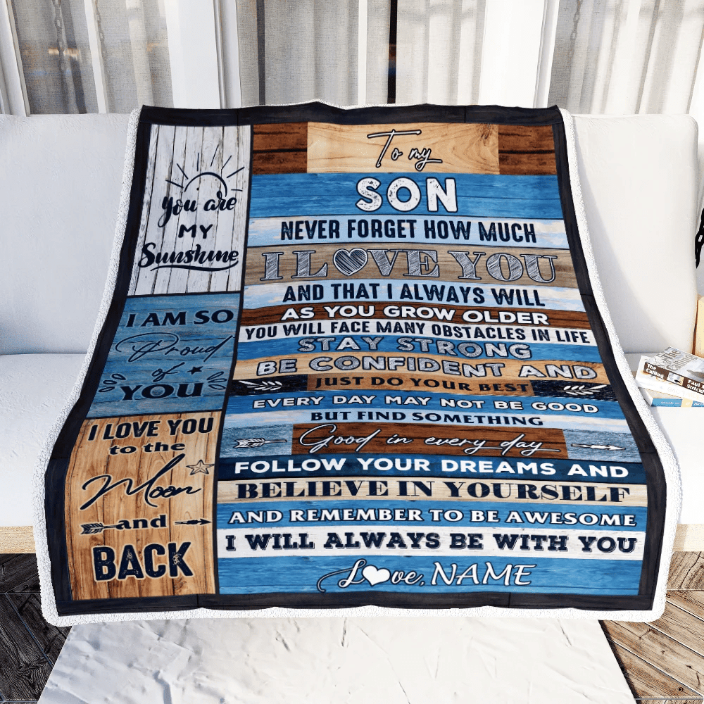 Personalized To My Son Blanket From Mom And Dad Proud Of You I Love You Wood Son Birthday Thanksgiving Christmas Customized Fleece Throw Blanket