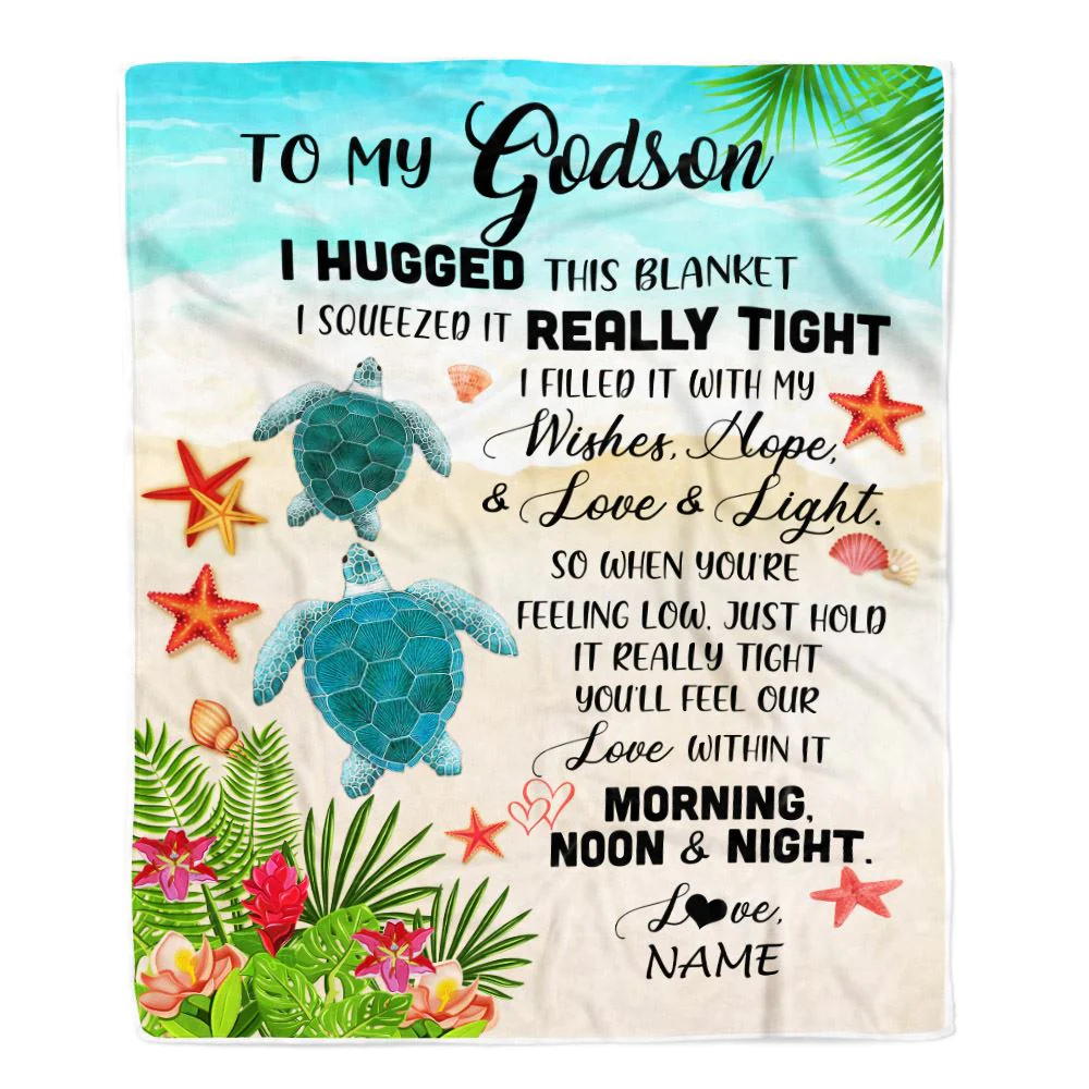Personalized To My Godson Blanket From Godmother Aunt I Hugged This With Love Turtle Beach Godson Birthday Graduation Christmas Customized Bed Fleece Blanket