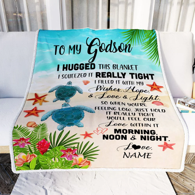 Personalized To My Godson Blanket From Godmother Aunt I Hugged This With Love Turtle Beach Godson Birthday Graduation Christmas Customized Bed Fleece Blanket