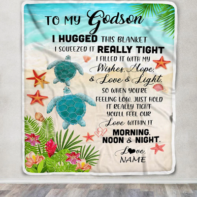 Personalized To My Godson Blanket From Godmother Aunt I Hugged This With Love Turtle Beach Godson Birthday Graduation Christmas Customized Bed Fleece Blanket