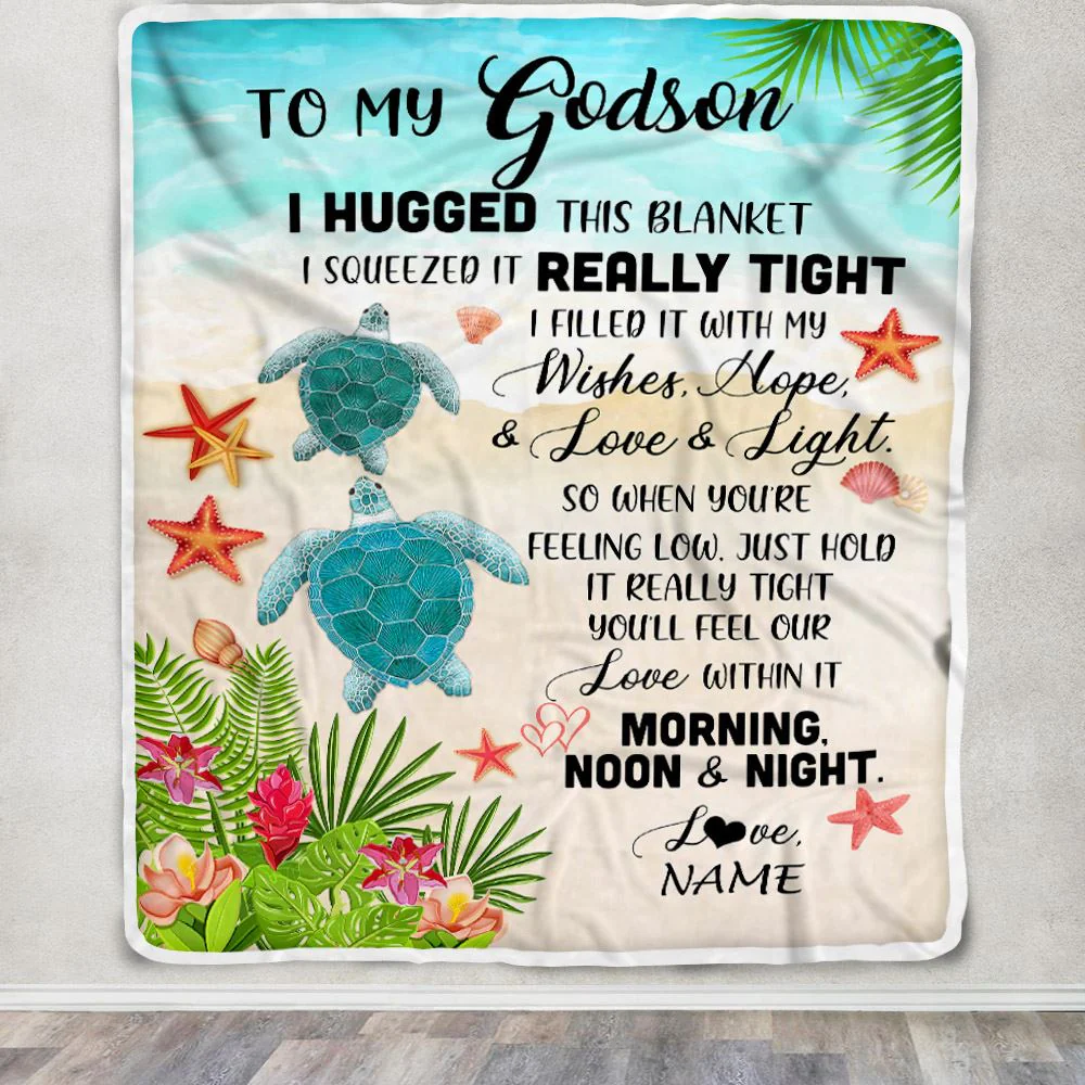 Personalized To My Godson Blanket From Godmother Aunt I Hugged This With Love Turtle Beach Godson Birthday Graduation Christmas Customized Bed Fleece Blanket