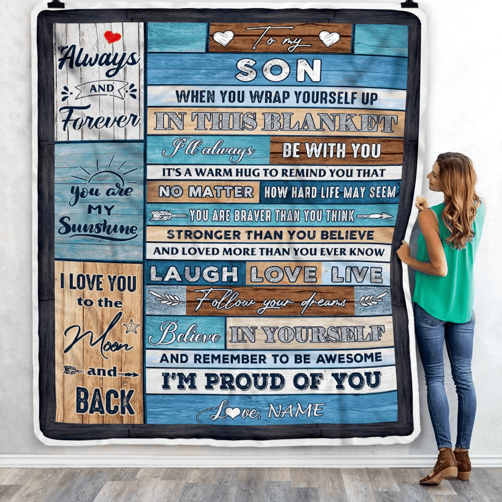 Personalized To My Son Blanket From Mom Dad Believe in Yourself Wood Son Birthday Graduation Christmas Customized Bed Quilt Fleece Throw Blanket