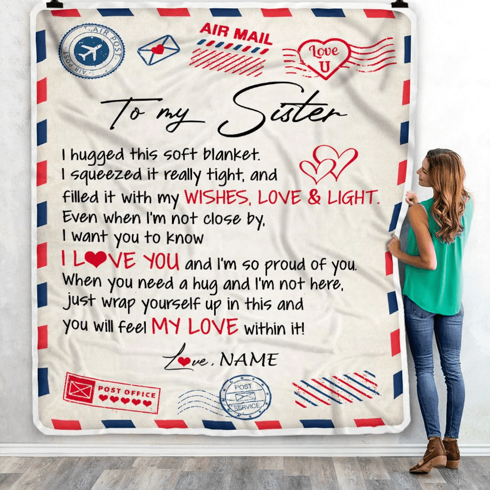 Personalized To My Sister Blanket From Brother Air Mail Letter I Love You Sister Birthday Christmas Thanksgiving Customized Fleece Throw Blanket