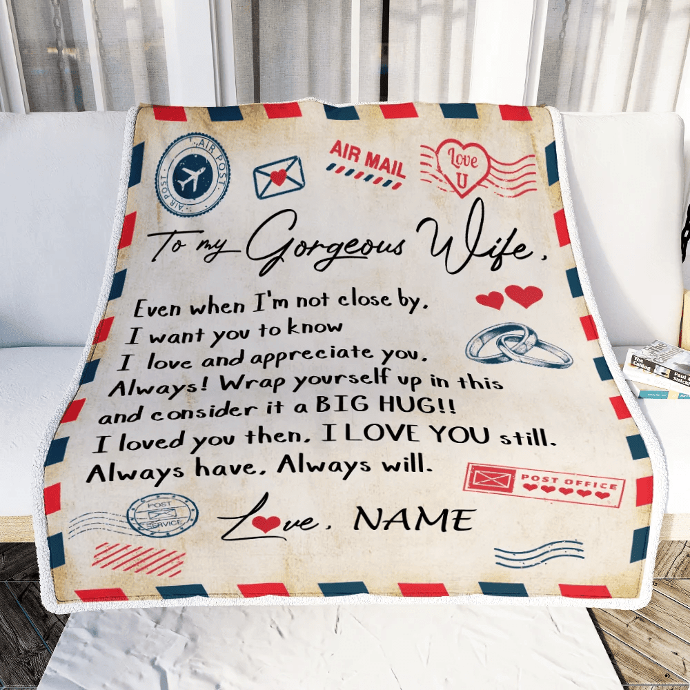 Personalized My Gorgeous Wife Blanket from Husband Letter Air Mail Wedding Anniversary Birthday Christmas Customized Fleece Blanket