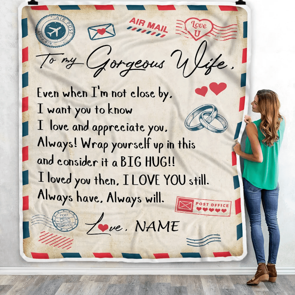 Personalized My Gorgeous Wife Blanket from Husband Letter Air Mail Wedding Anniversary Birthday Christmas Customized Fleece Blanket