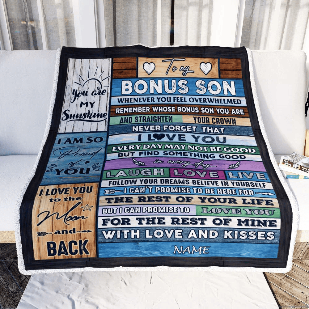 Personalized To My Bonus Son Blanket From Mom Wood Whenever You Feel Overwhelmed Stepson Birthday Graduation Christmas Customized Bed Fleece Blanket
