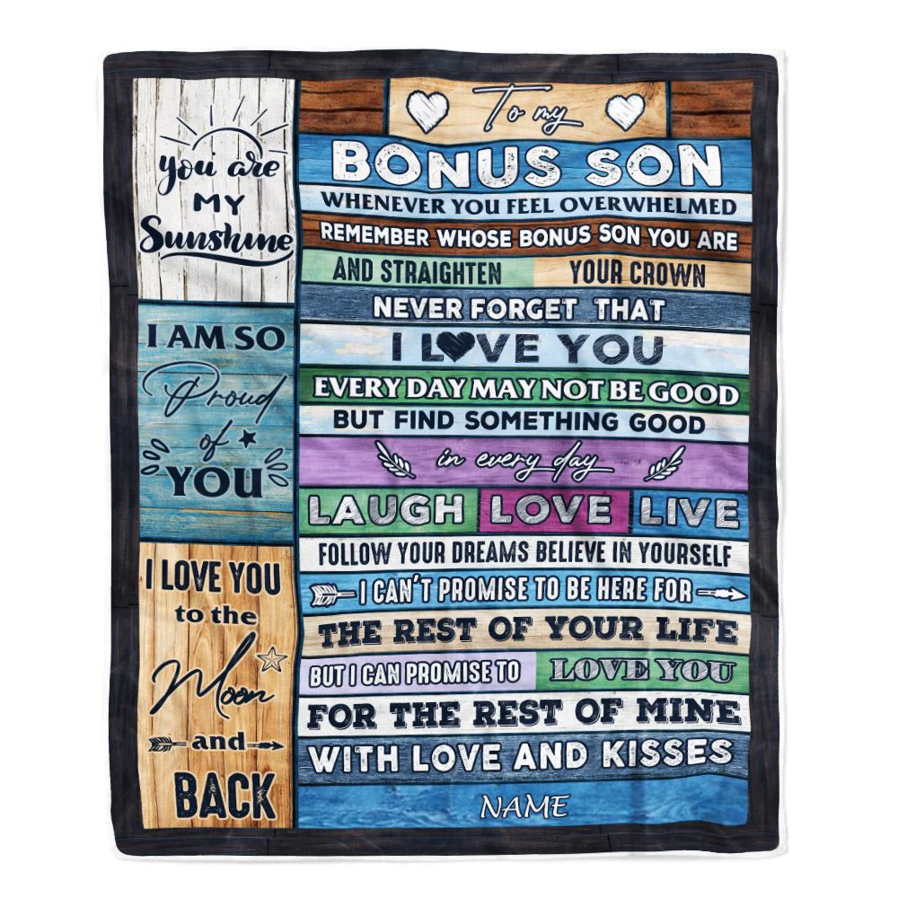 Personalized To My Bonus Son Blanket From Mom Wood Whenever You Feel Overwhelmed Stepson Birthday Graduation Christmas Customized Bed Fleece Blanket