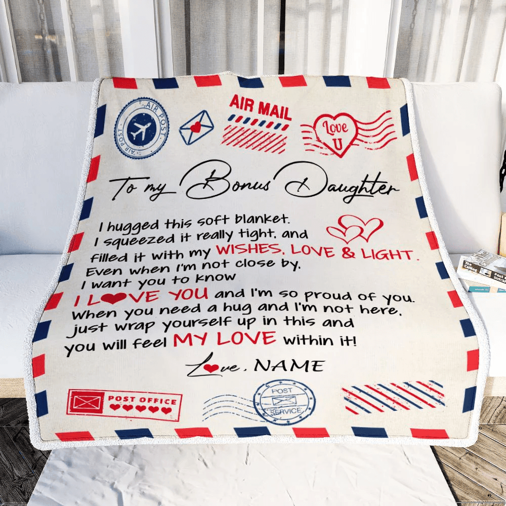 Personalized To My Bonus Daughter Blanket from Stepmom Air Mail Letter I Love You Stepdaughter Birthday Christmas Graduation Customized Fleece Throw Blanket