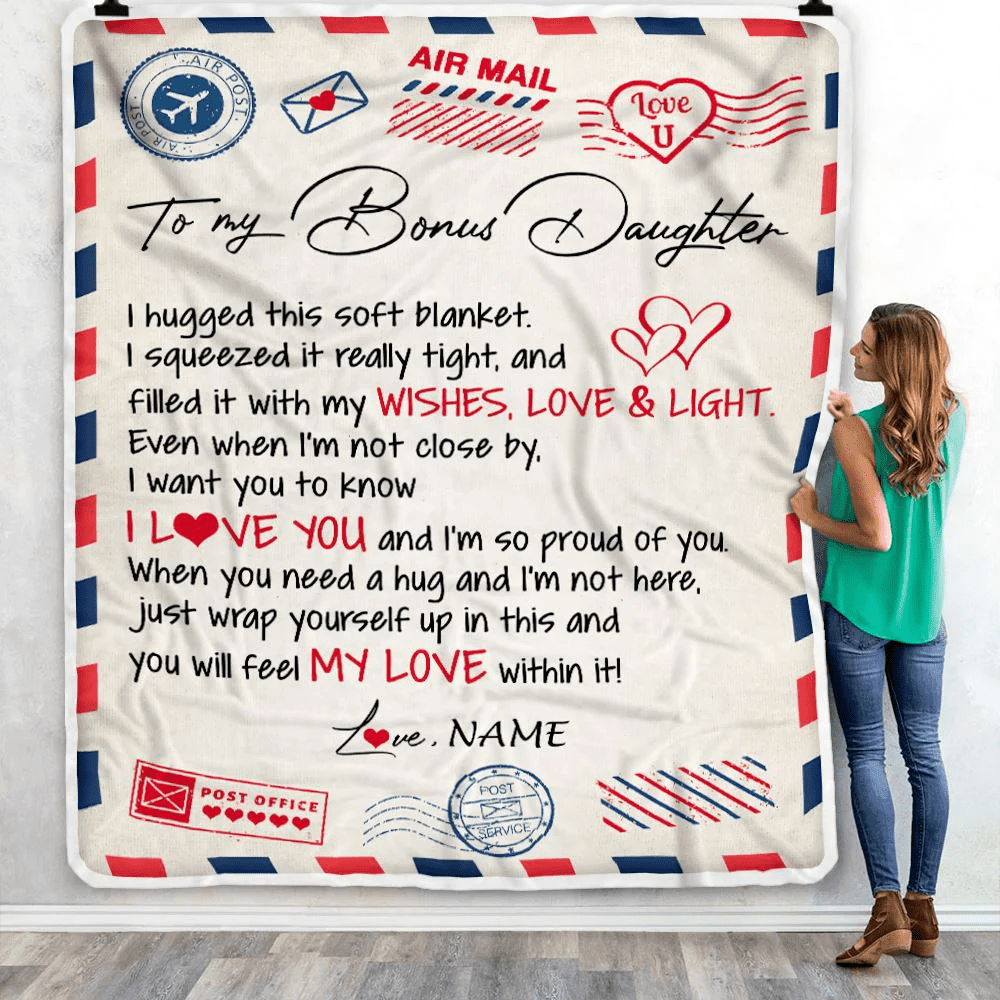 Personalized To My Bonus Daughter Blanket from Stepmom Air Mail Letter I Love You Stepdaughter Birthday Christmas Graduation Customized Fleece Throw Blanket
