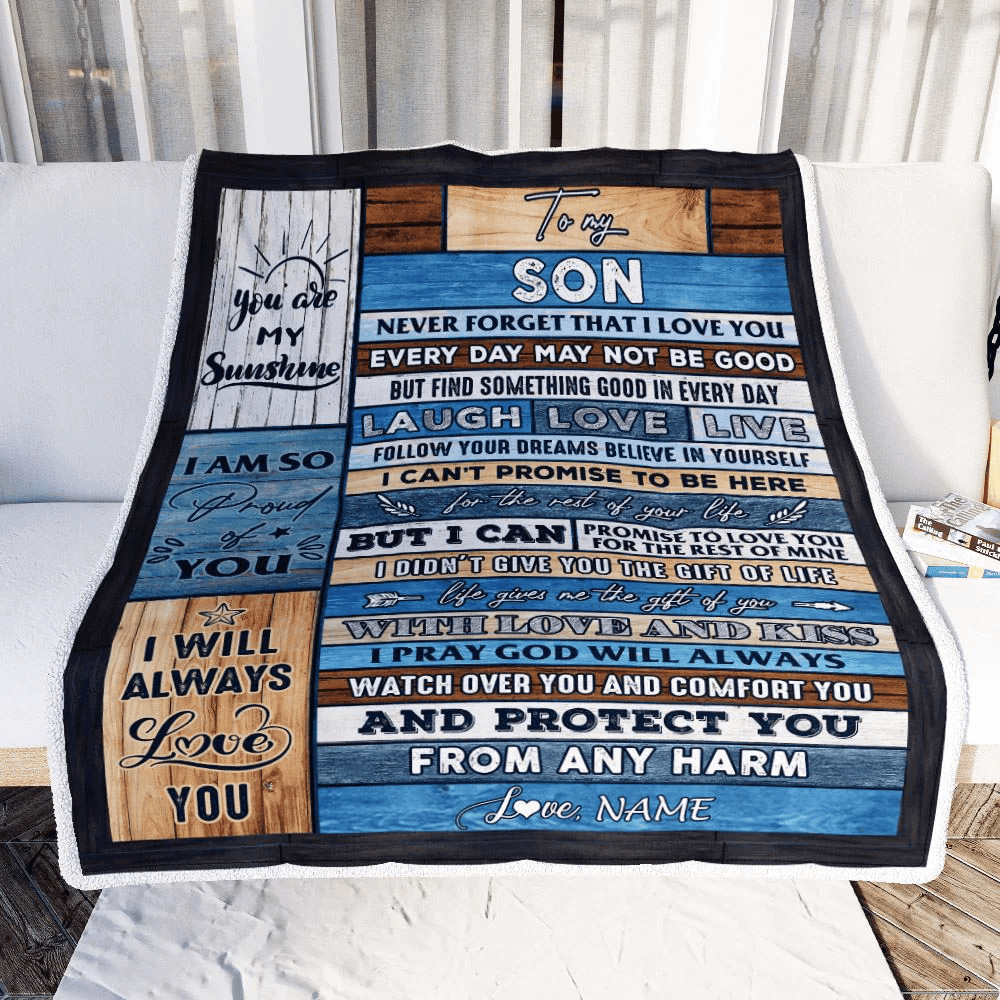 Personalized To My Son Blanket From Mom Dad Mother Wood You Are My Sunshine I Love You Son Birthday Graduation Christmas Customized Bed Fleece Throw Blanket