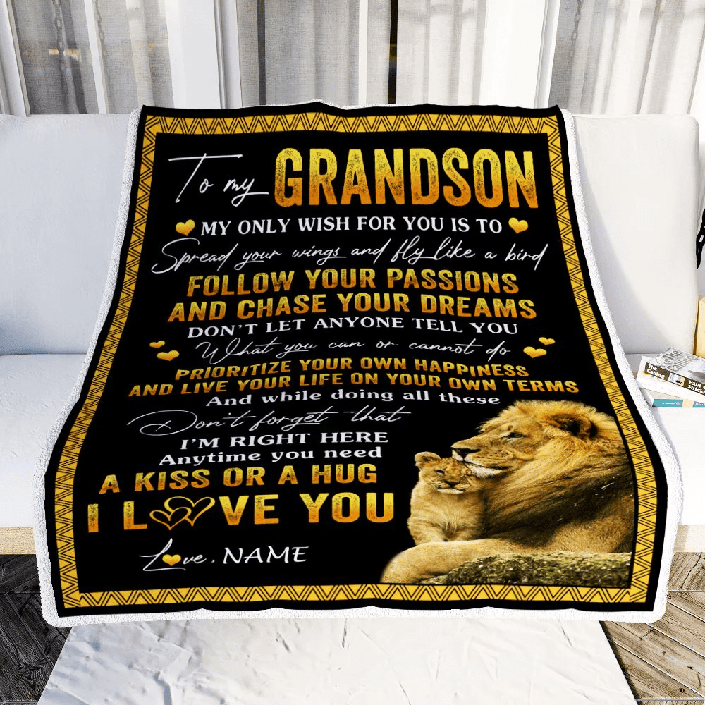 Personalized To My Grandson Blanket From Papa Grandpa Lion My Only Wish For You Grandson Birthday Graduation Christmas Customized Bed Fleece Throw Blanket