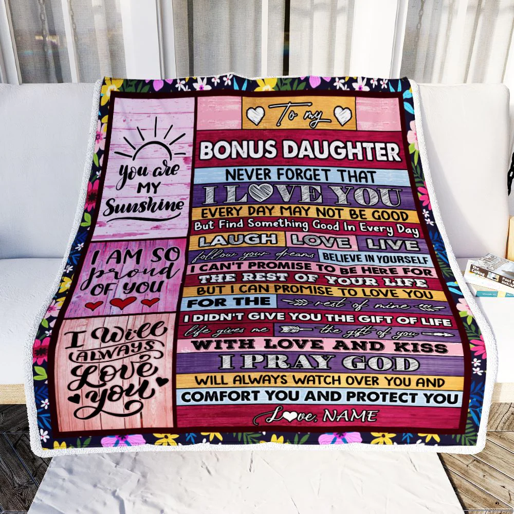 Personalized To My Bonus Daughter Blanket From Mom Wood You Are My Sunshine I Love You Birthday Graduation Christmas Customized Bed Fleece Throw Blanket