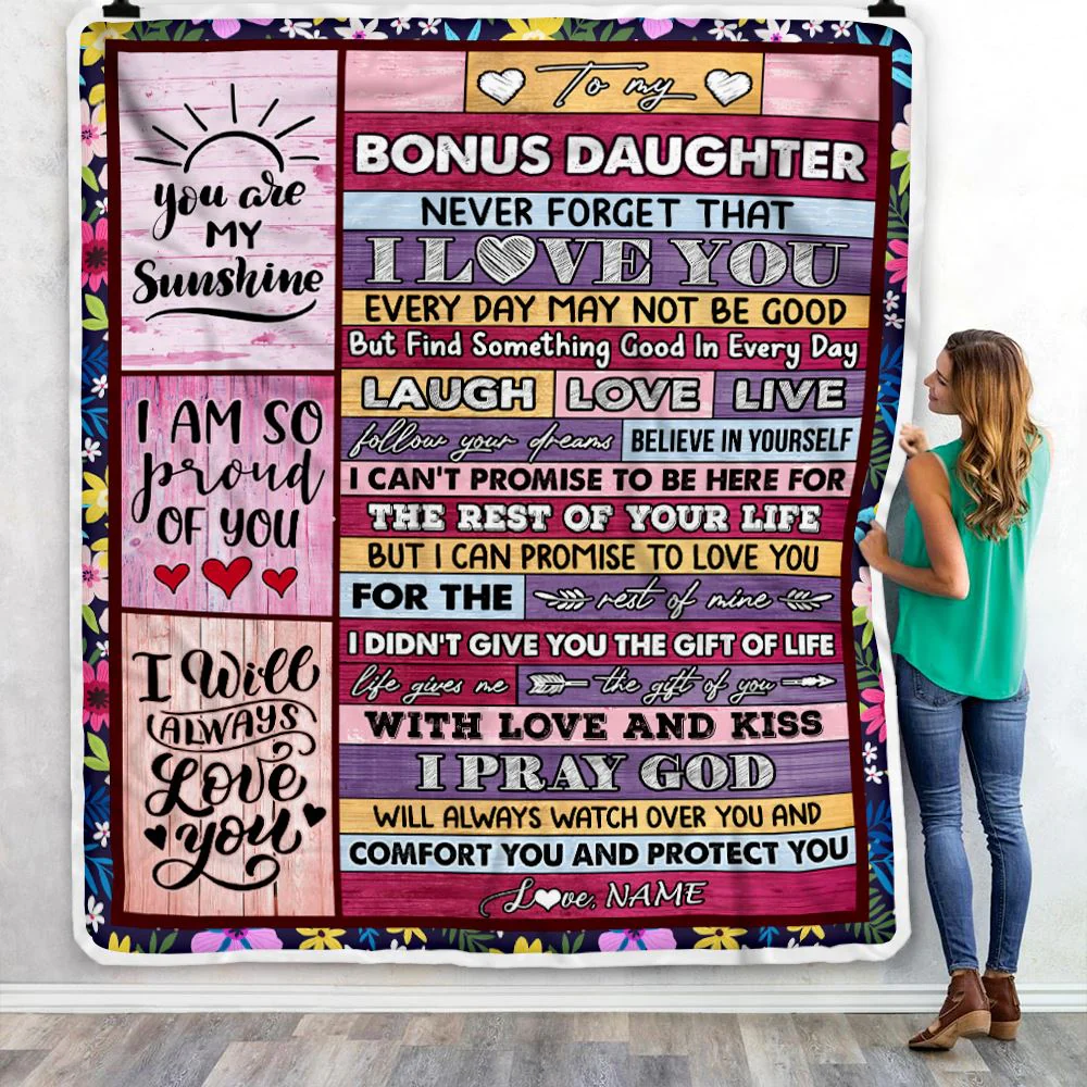Personalized To My Bonus Daughter Blanket From Mom Wood You Are My Sunshine I Love You Birthday Graduation Christmas Customized Bed Fleece Throw Blanket
