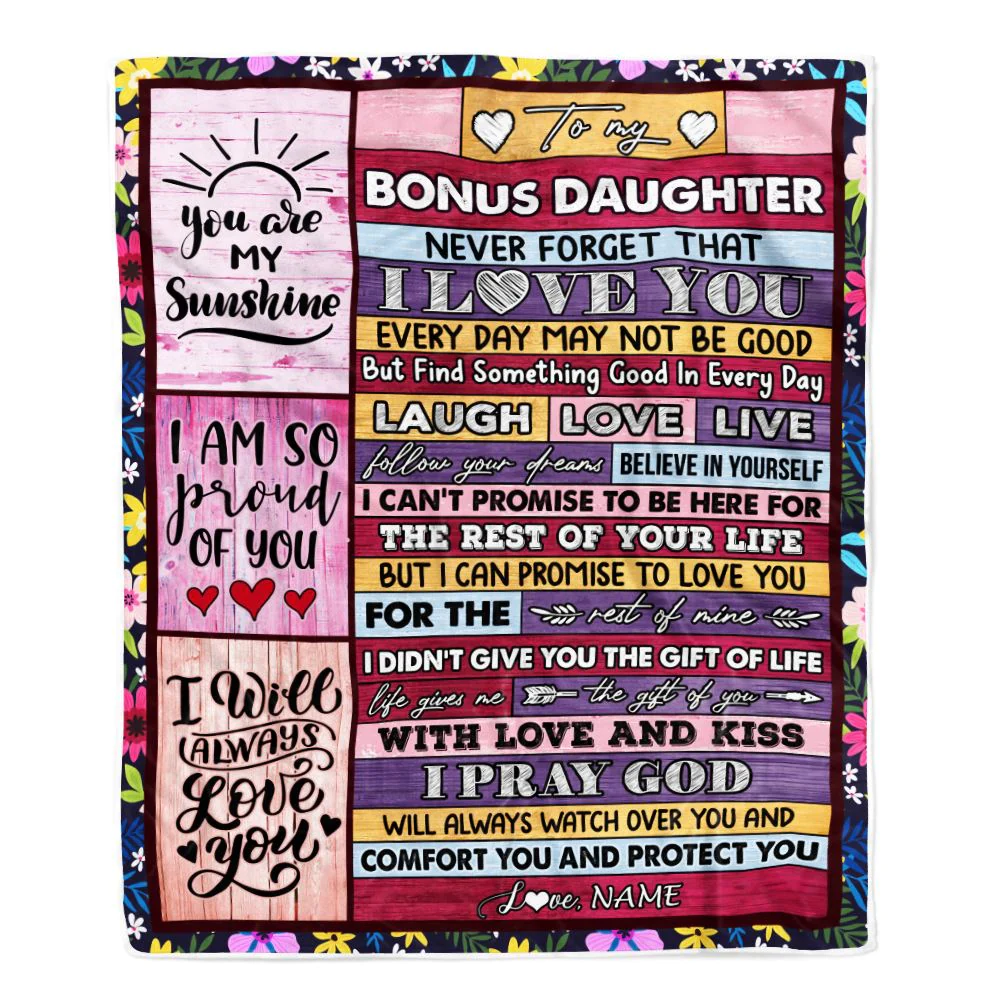 Personalized To My Bonus Daughter Blanket From Mom Wood You Are My Sunshine I Love You Birthday Graduation Christmas Customized Bed Fleece Throw Blanket