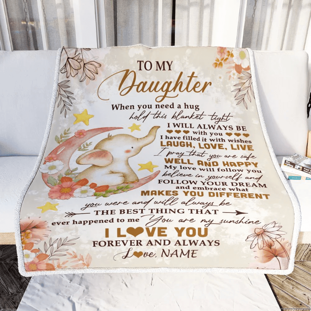 Personalized To My Daughter Blanket From Mom Dad Father Flower Elephant Moon Daughter Birthday Graduation Christmas Customized Fleece Throw Blanket