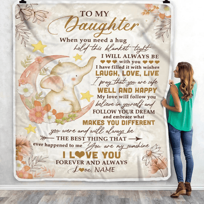 Personalized To My Daughter Blanket From Mom Dad Father Flower Elephant Moon Daughter Birthday Graduation Christmas Customized Fleece Throw Blanket