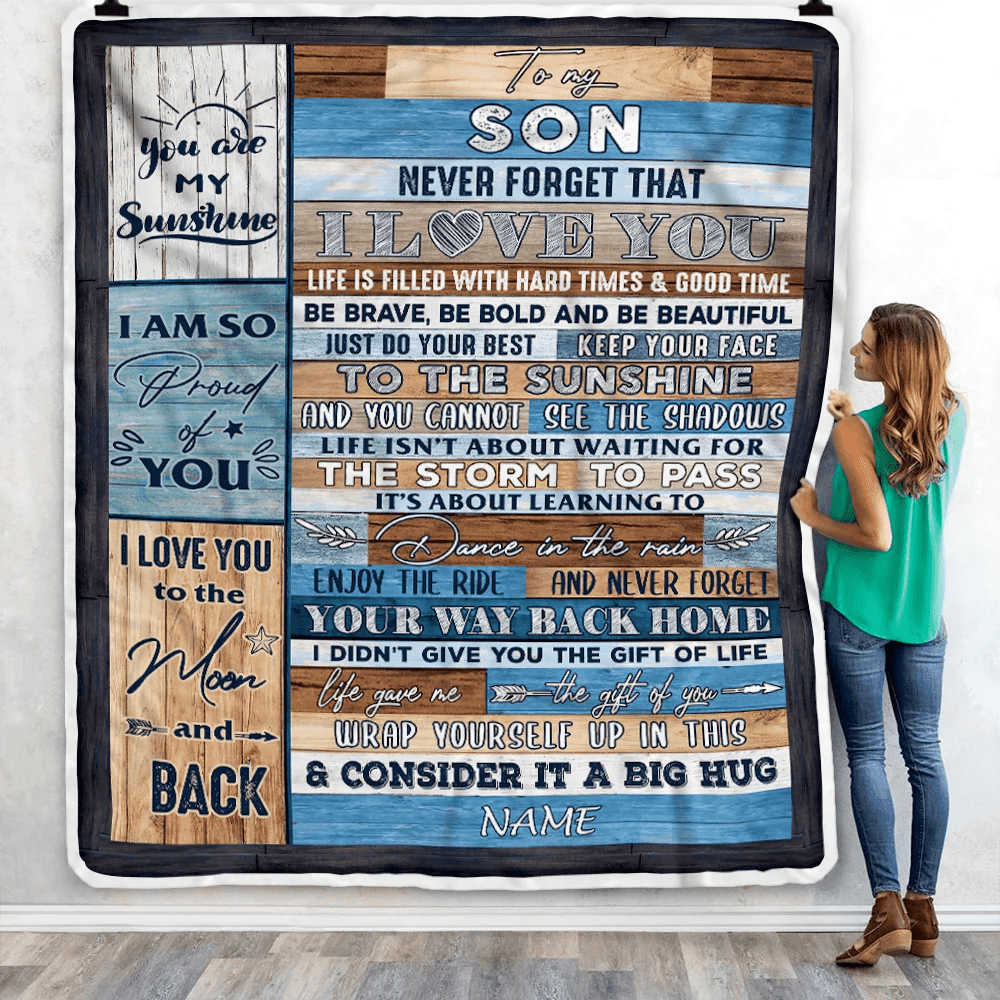 Personalized To My Son Blanket From Mom And Dad Never Forget That I Love You Wood Son Birthday Thanksgiving Christmas Customized Fleece Throw Blanket