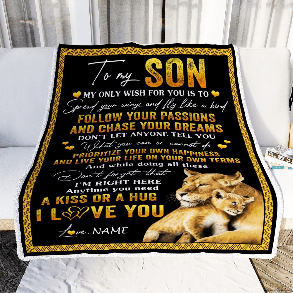 Personalized To My Son Blanket From Mom Mother Lion My Only Wish For You Son Birthday Graduation Christmas Customized Bed Fleece Throw Blanket