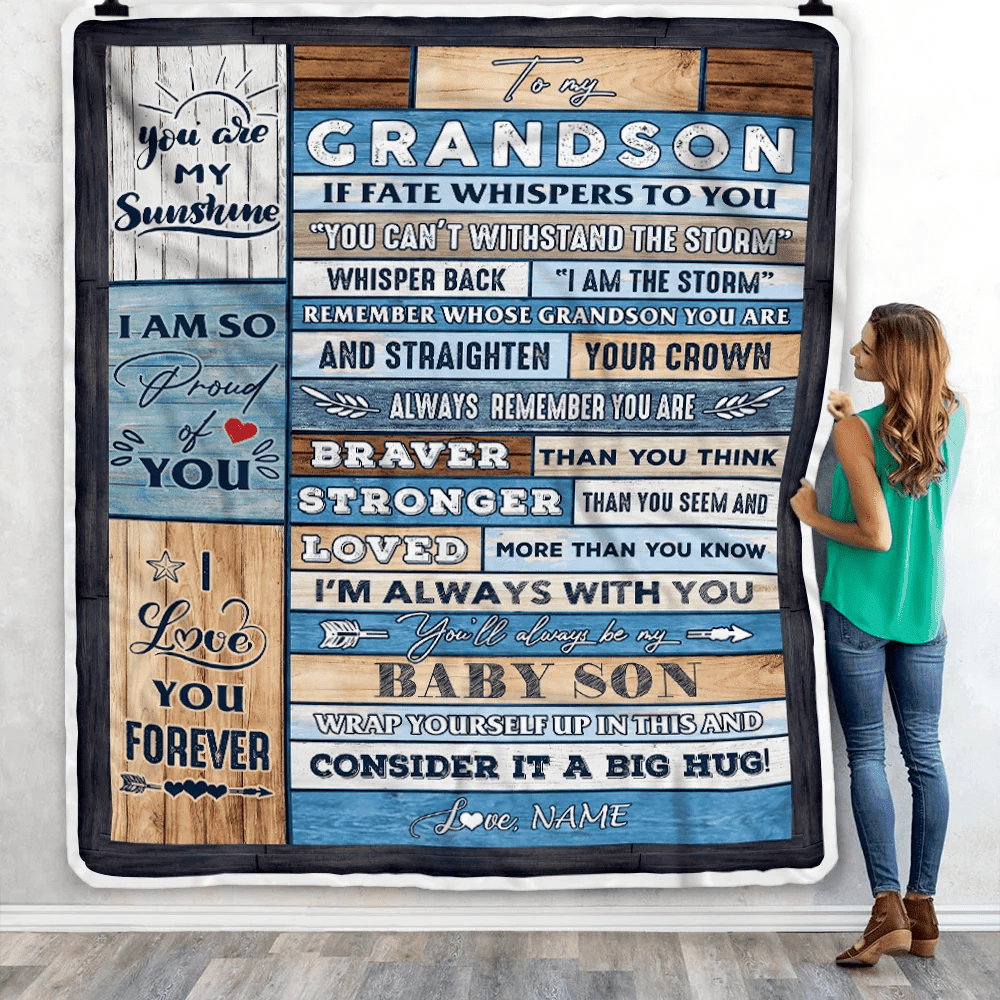 Personalized To My Grandson Blanket From Grandma Papa Grandpa Wood I Am The Storm Grandson Birthday Graduation Christmas Customized Fleece Throw Blanket