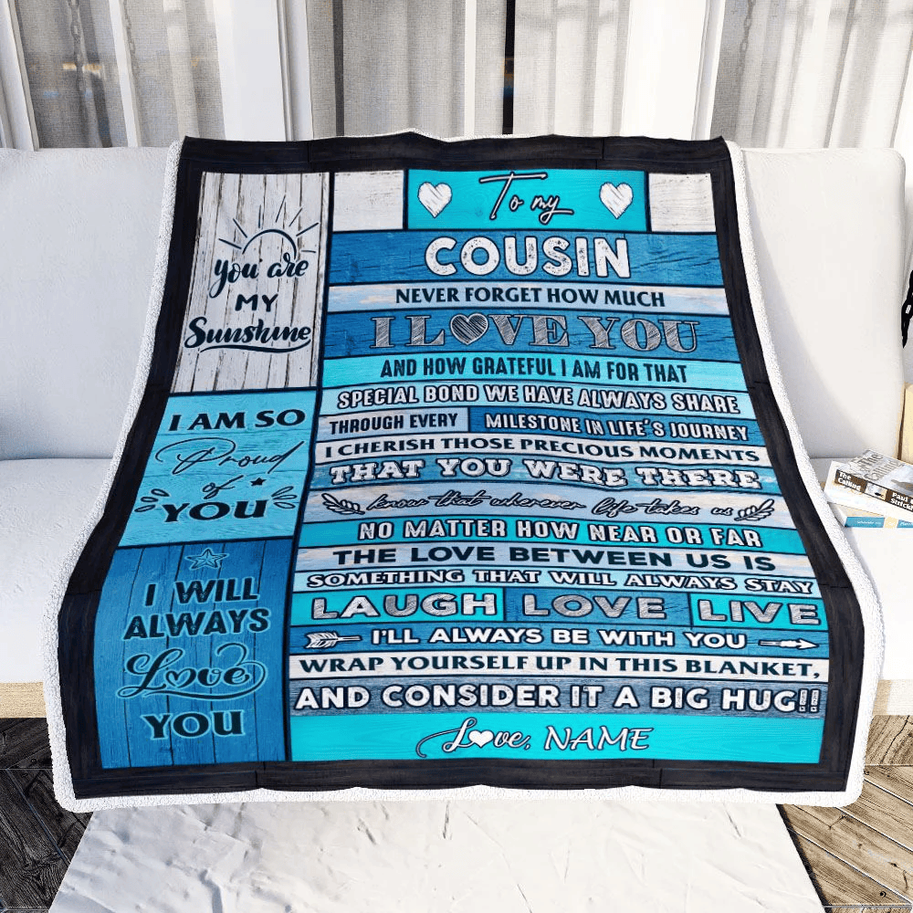 Personalized To My Cousin Blanket From Family Wood I Love You It A Big Hug Cousin Birthday Graduation Christmas Customized Bed Fleece Throw Blanket