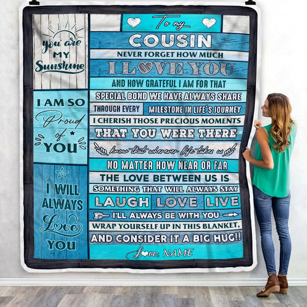 Personalized To My Cousin Blanket From Family Wood I Love You It A Big Hug Cousin Birthday Graduation Christmas Customized Bed Fleece Throw Blanket