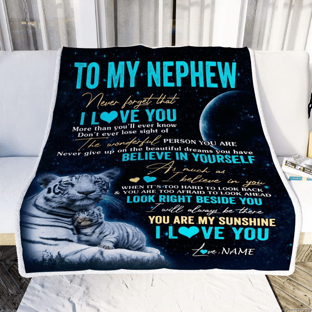 Personalized To My Nephew Blanket From Aunt Auntie Uncle Never Forget I Love You White Tiger Nephew Birthday Graduation Christmas Customized Fleece Blanket