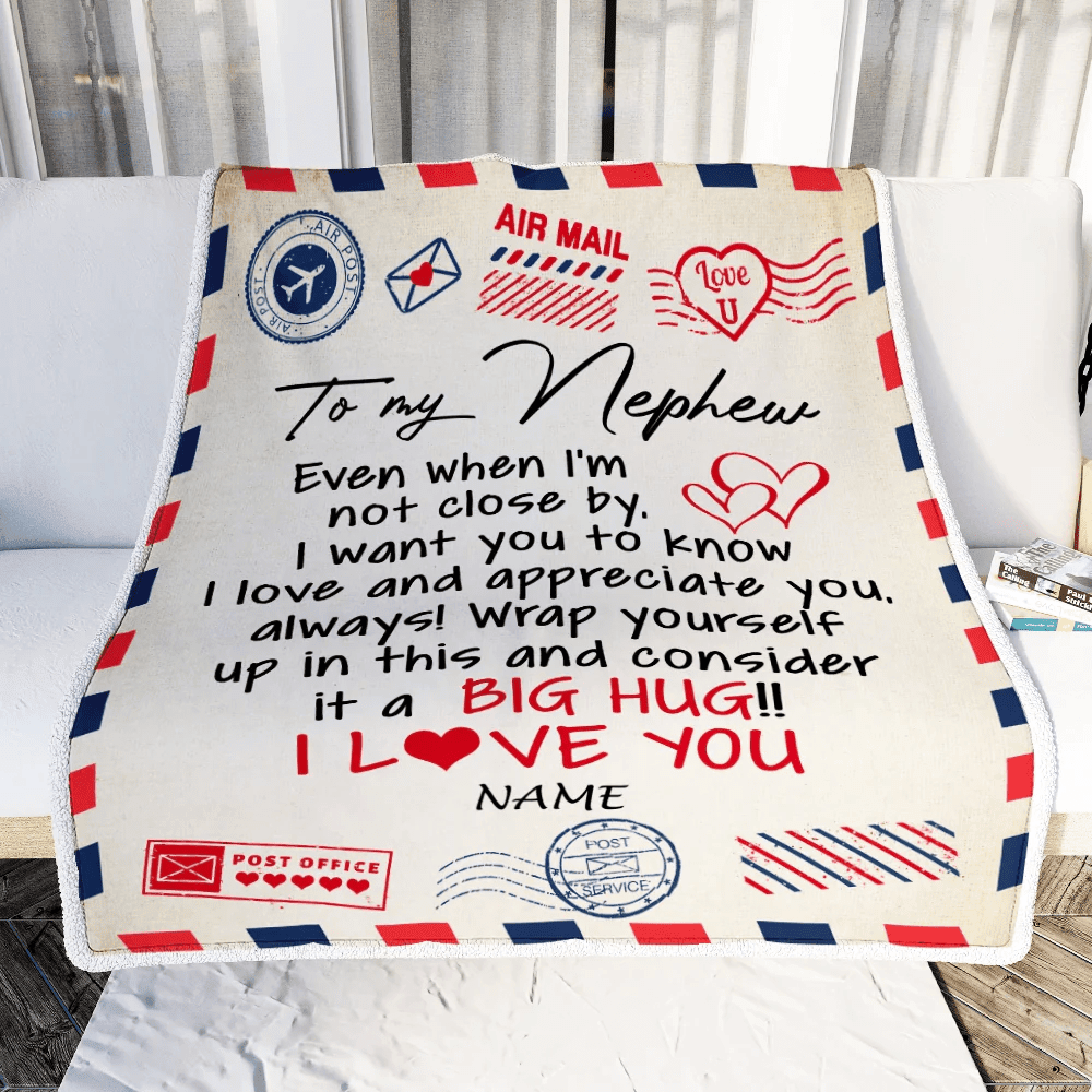 Personalized To My Nephew Blanket From Aunt Uncle Auntie I Love You Hugs Air Mail Letter Birthday Christmas Thanksgiving Graduation Customized Fleece Blanket