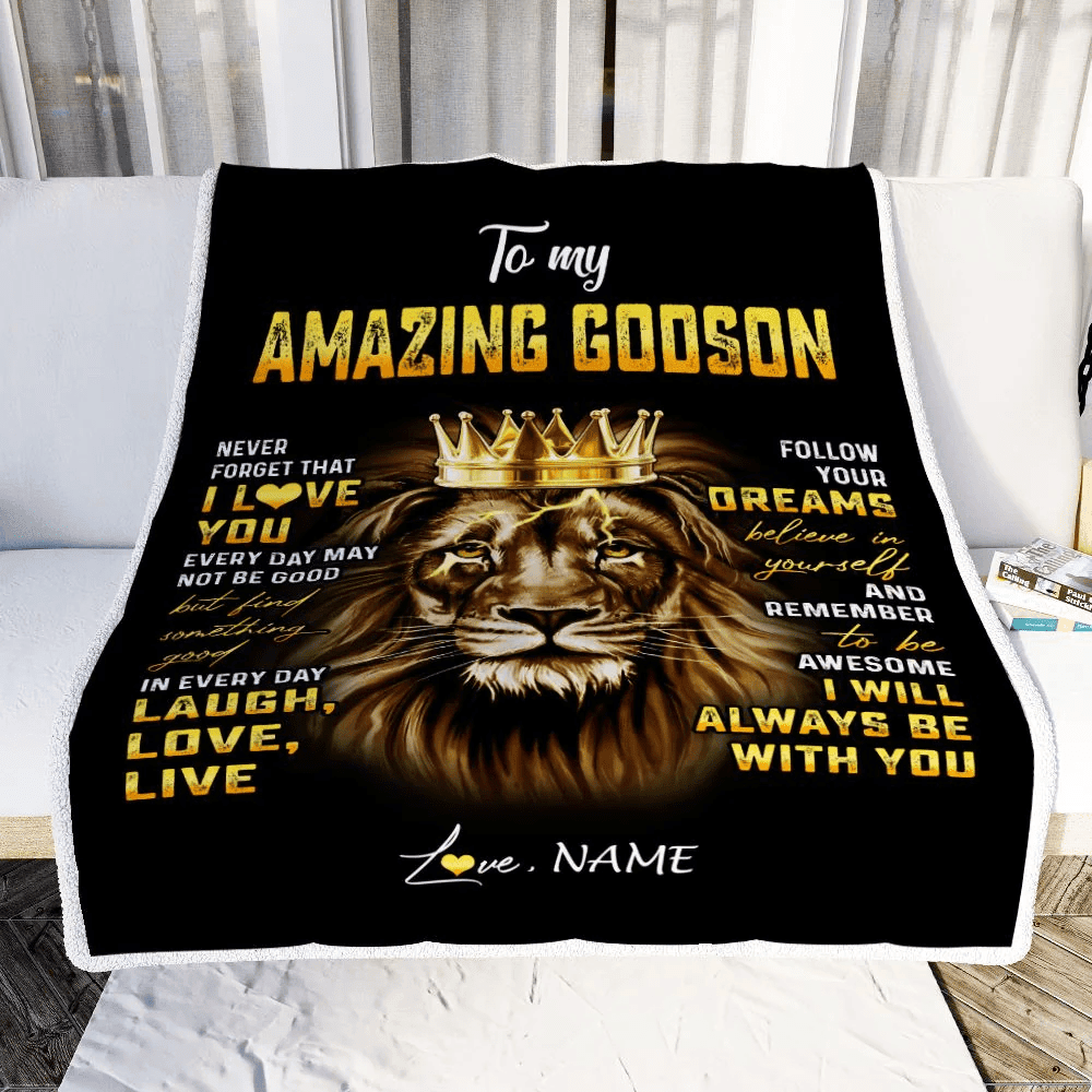 Personalized To My Godson Blanket From Godmother Never Forget I Love You Lion Godson Birthday Graduation Christmas Customized Bed Fleece Throw Blanket