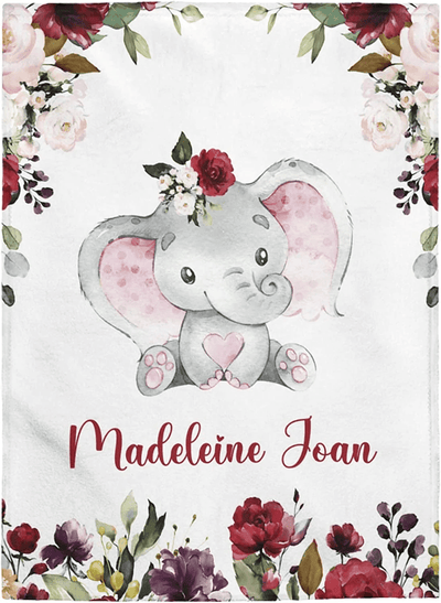 Personalized Baby Blankets, Baby Blanket with Name, Baby Gift, Fleece Sherpa Newborn Baby Elephants Best Gift for Baby