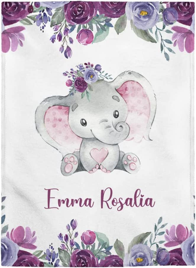 Personalized Baby Blankets, Baby Blanket with Name, Baby Gift, Fleece Sherpa Newborn Baby Elephants Best Gift for Baby