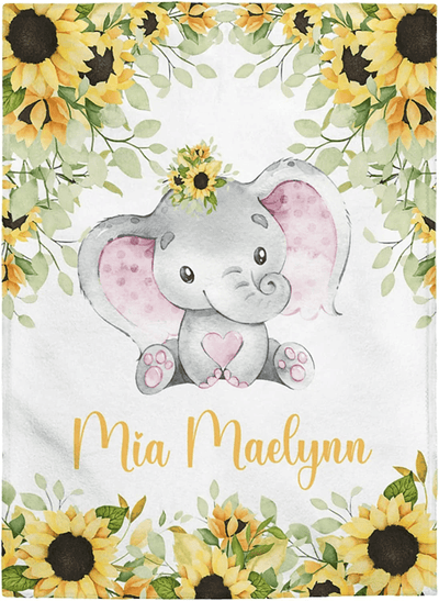 Personalized Baby Blankets, Baby Blanket with Name, Baby Gift, Fleece Sherpa Newborn Baby Elephants Best Gift for Baby