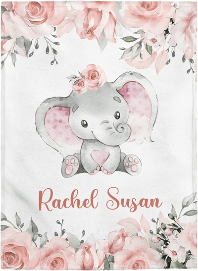 Personalized Baby Blankets, Baby Blanket with Name, Baby Gift, Fleece Sherpa Newborn Baby Elephants Best Gift for Baby