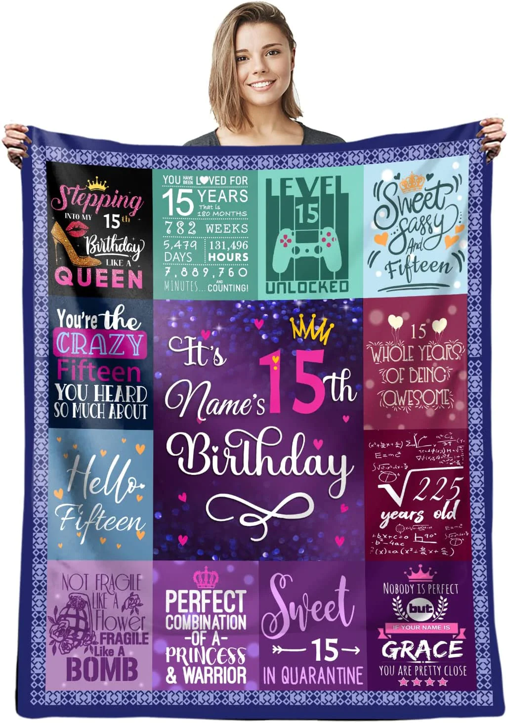 15th Birthday Blanket Custom Blanket With Name 15 Year Old Girl Gifts For Birthday Throws Blanket - Quinceanera Gifts Blanket - Personalized Gift For Teen Girls - 15th Birthday Decorations