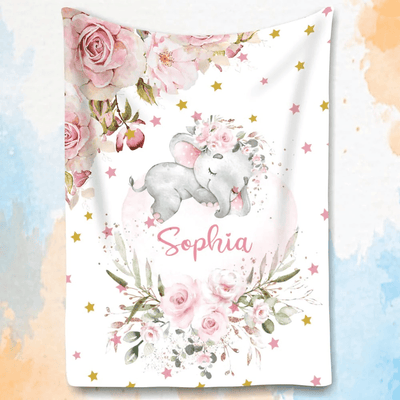 Personalized Name Baby Blanket, Custom Blanket with Name for Baby, Floral Fleece Baby Blanket for Baby Girls, Elephant Blanket Name