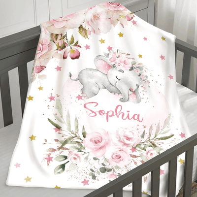 Personalized Name Baby Blanket, Custom Blanket with Name for Baby, Floral Fleece Baby Blanket for Baby Girls, Elephant Blanket Name
