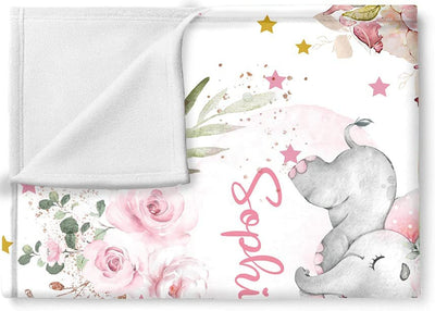 Personalized Name Baby Blanket, Custom Blanket with Name for Baby, Floral Fleece Baby Blanket for Baby Girls, Elephant Blanket Name