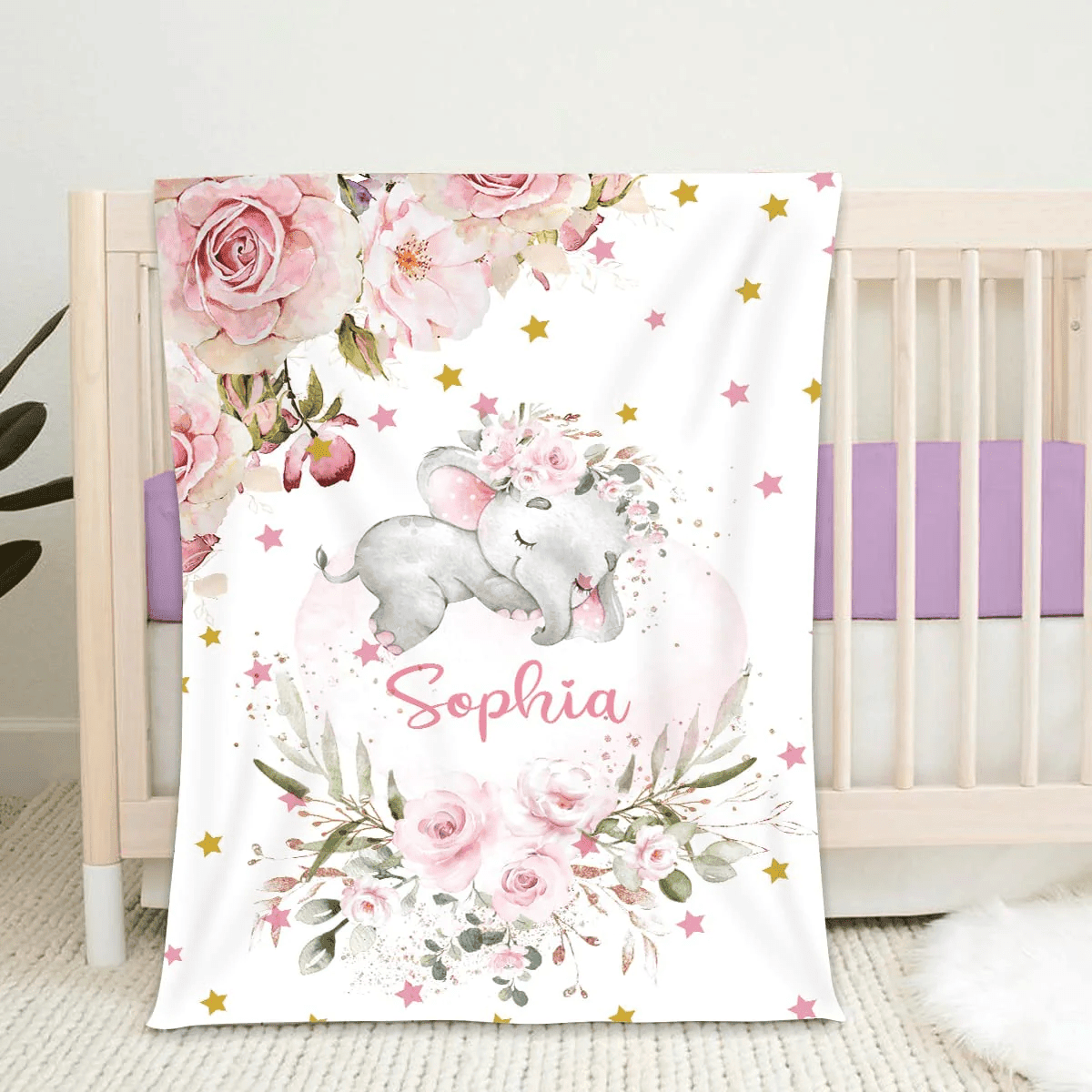 Personalized Name Baby Blanket, Custom Blanket with Name for Baby, Floral Fleece Baby Blanket for Baby Girls, Elephant Blanket Name