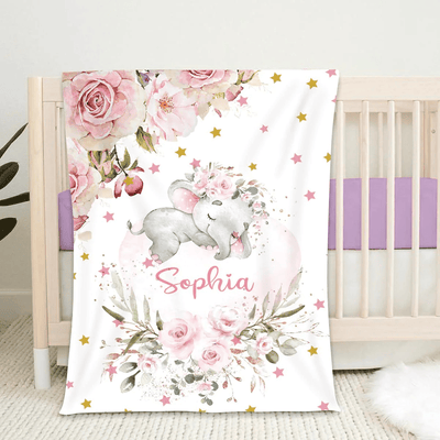 Personalized Name Baby Blanket, Custom Blanket with Name for Baby, Floral Fleece Baby Blanket for Baby Girls, Elephant Blanket Name
