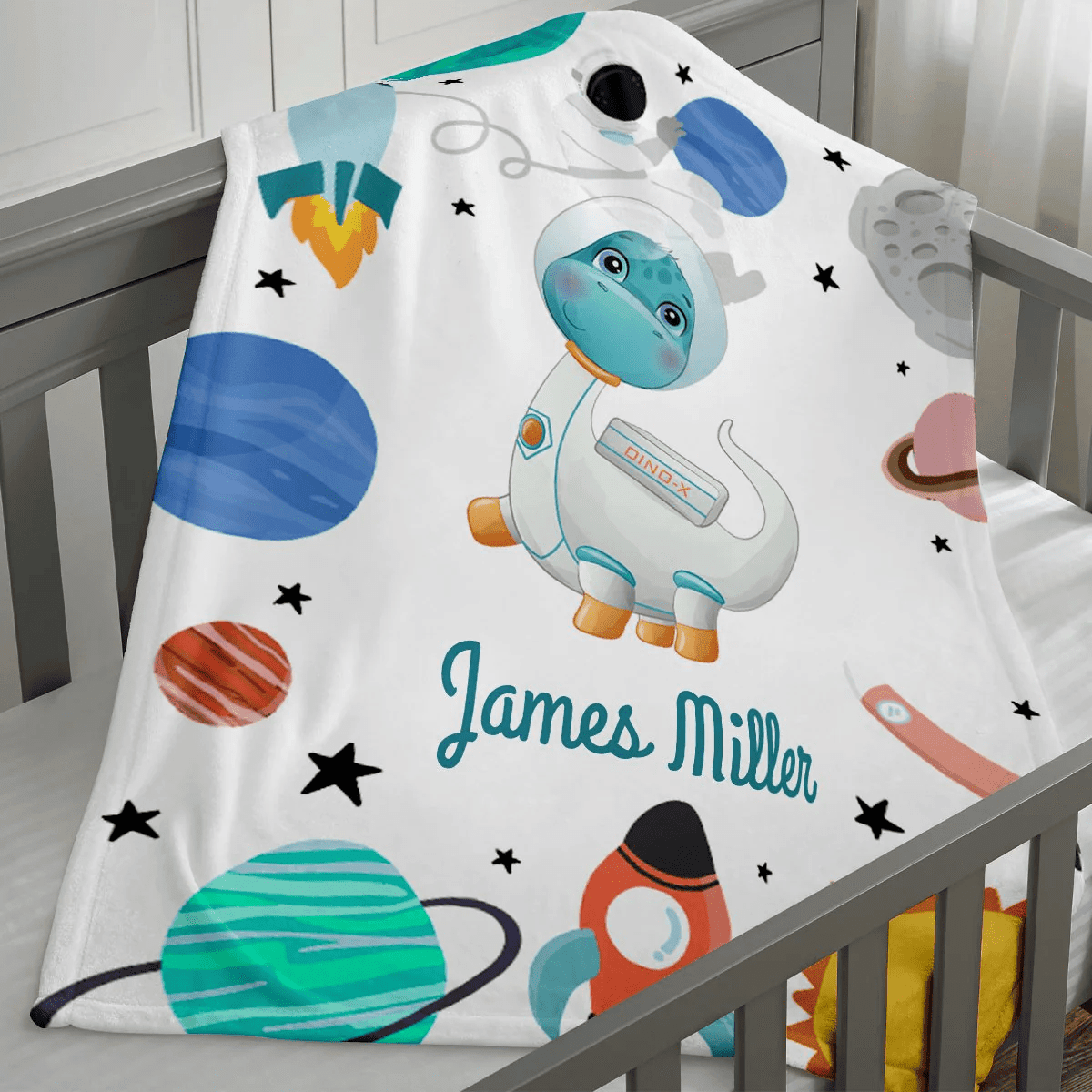 Personalized Baby Blankets with name, Dinosaurs explore the planet baby blankets White color for boy and girl baby