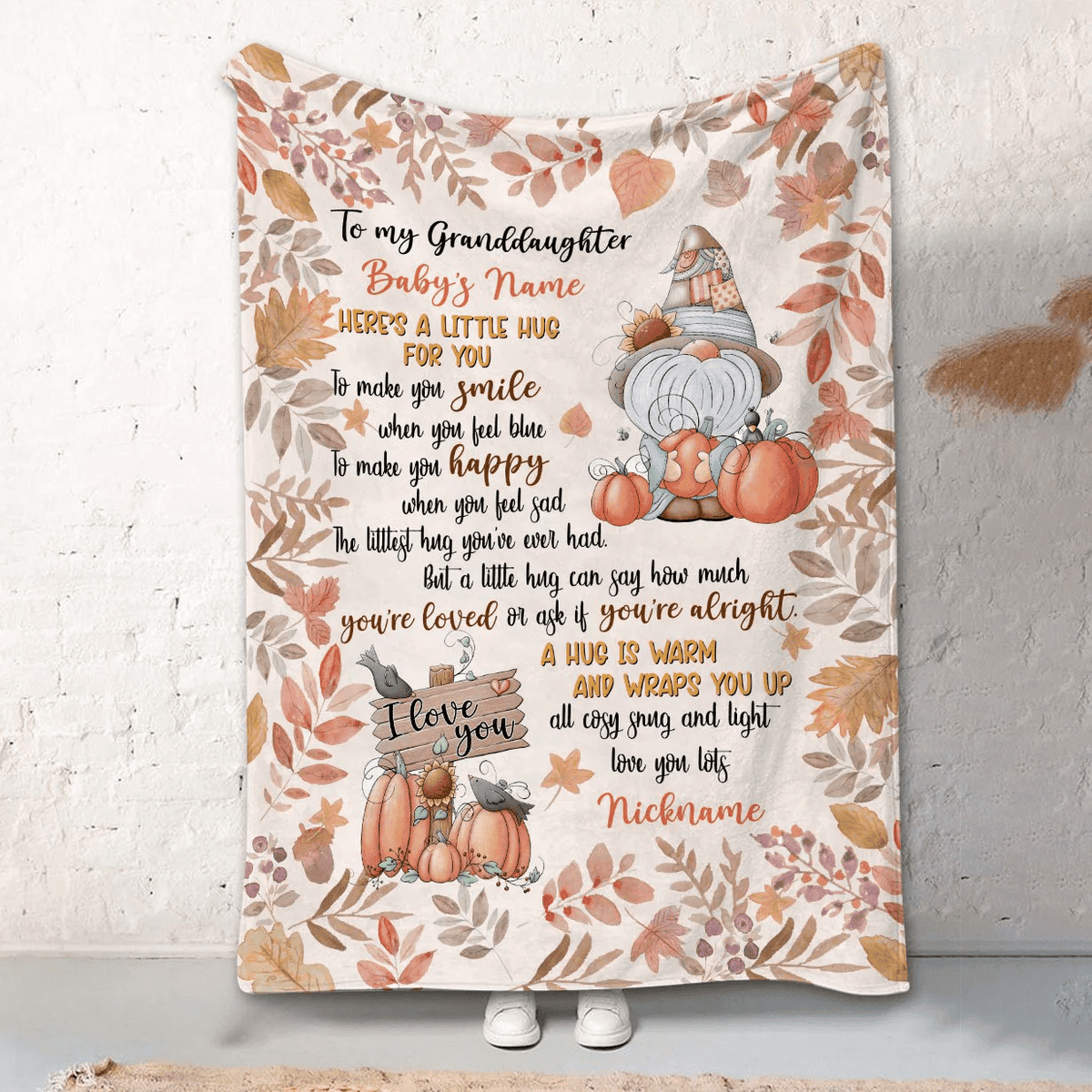 A Little Hug For You Fall Gnome Personalized Blanket, Cute Baby Blanket