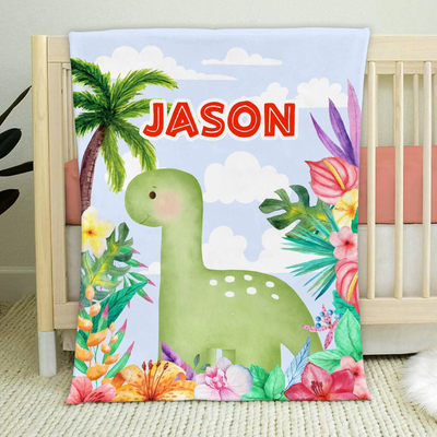 Personalized Baby Blankets with name, Cute Dinosaur baby blanket Blue color for boy and girl baby