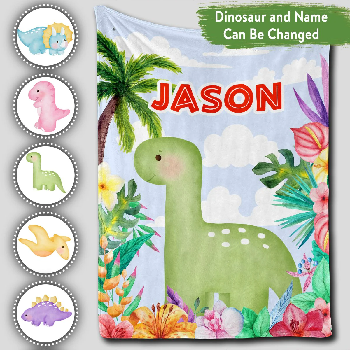 Personalized Baby Blankets with name, Cute Dinosaur baby blanket Blue color for boy and girl baby