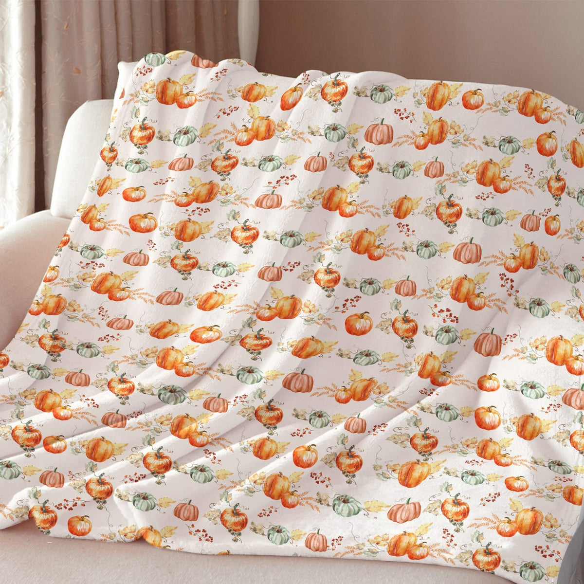 Fall Pumpkin Blanket Fall Throw Blanket Pumpkin Blanket Thanksgiving Decor Cream Ivory Autumn Pumpkin Print On Soft Fleece Beige For Couch/Chair