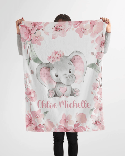 Personalized Baby Blankets - Baby Blanket for Girls with Name, Elephant Blanket - Custom Baby Blanket, Gift for Baby - Fleece, Sherpa Baby Blanket