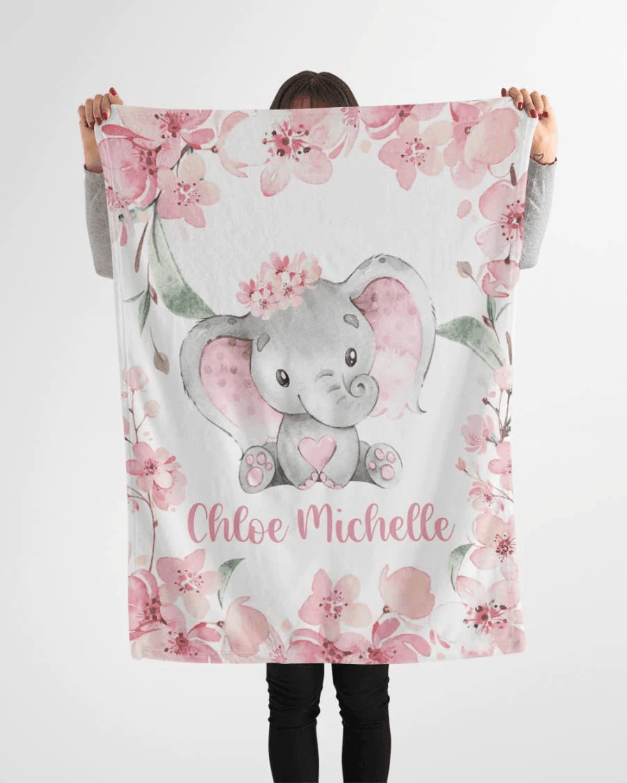 Personalized Baby Blankets - Baby Blanket for Girls with Name, Elephant Blanket - Custom Baby Blanket, Gift for Baby - Fleece, Sherpa Baby Blanket